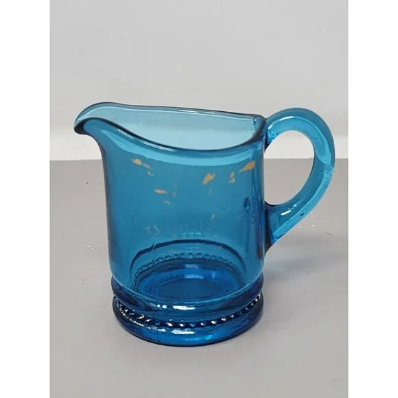 Vintage Souvenir Revere Beach Mass Blue Glass Creamer‎ Pitcher Handle Pour Spout
