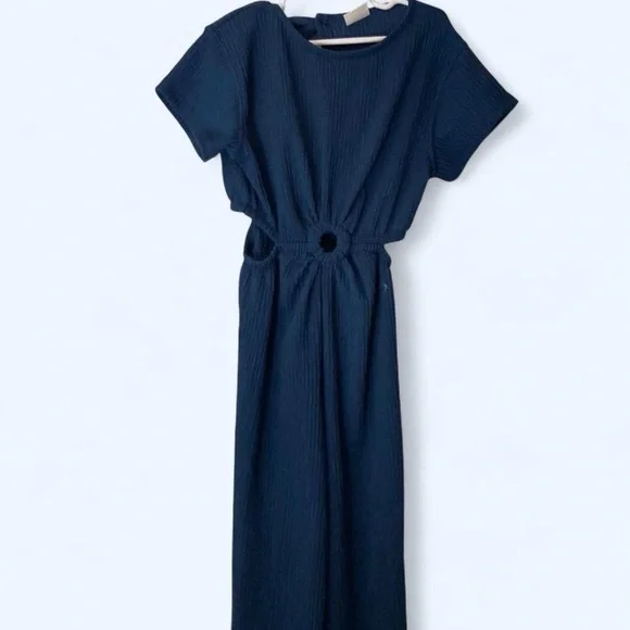 Navy blue jumpsuit with keyhole middle and open sides back slit as well girls 9