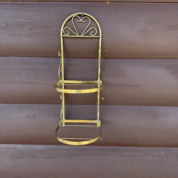 Vintage Two Tier Wall Shelf Gold Metal Heart Scrollwork Small Towel Rag Rack
