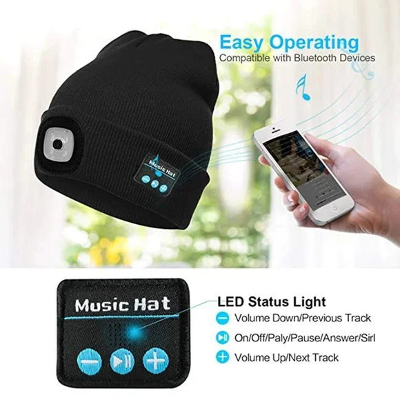 Winter Unisex Beanie Knitted Hat Wireless Bluetooth 5.0 Headphone with LED Light