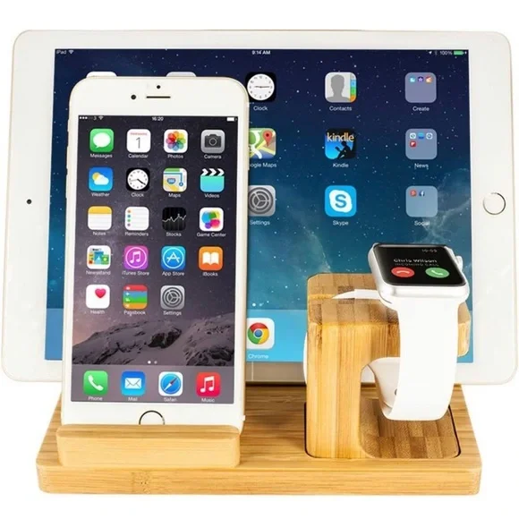 Bamboo Wood iPhone & iPad Stand Cradle Charger Holder | Wood Docking Station