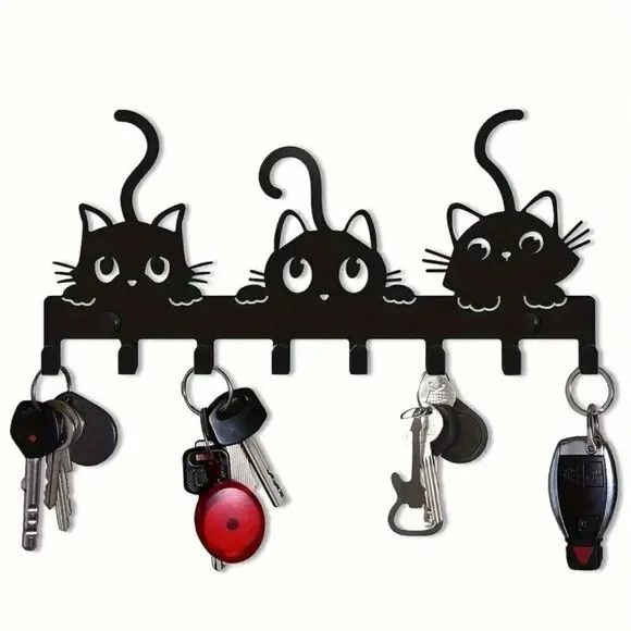NWT Gorgeous 3 Black Cats Design Metalic 8 Hooks Wall Mount Key Holder Organizer