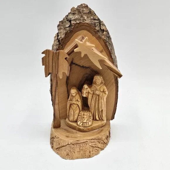 Vtg Live Edge Carved Wood‎ Nativity Scene Christmas Decor Shelf Sitter