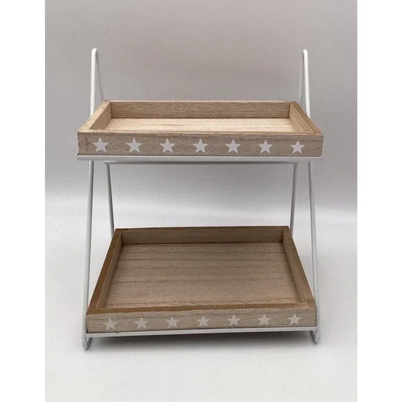 2 Tier White Frame Box Style Small Display Shelf w White Star Print 8