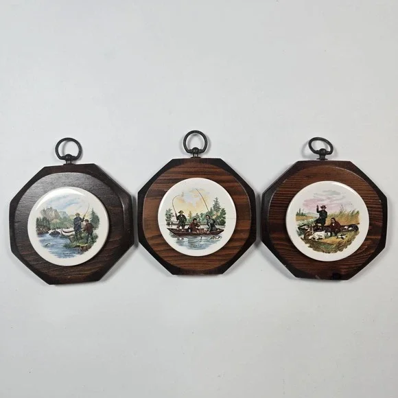 VTG Decorative Porcelain Mini Plates Mounted Wooden Wall Plaques Mid Century