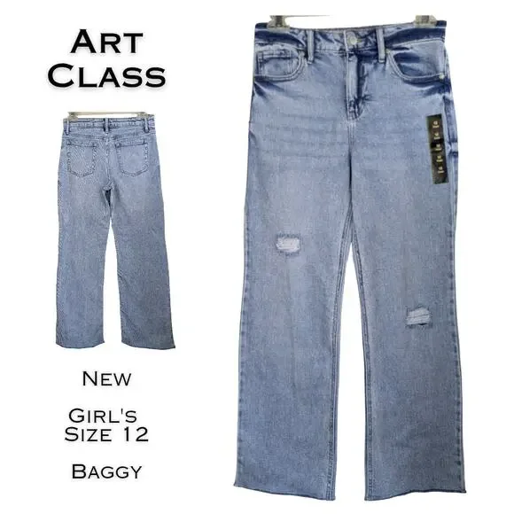 Art Class Girls Baggy Jeans 12 Light Wash Distressed Denim Adjustable Waist NEW