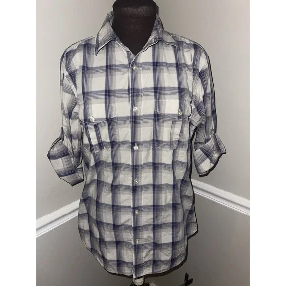 Banana Republic Mens Plaid‎ Shirt Gray Purple Roll Tab Sleeve Mens M