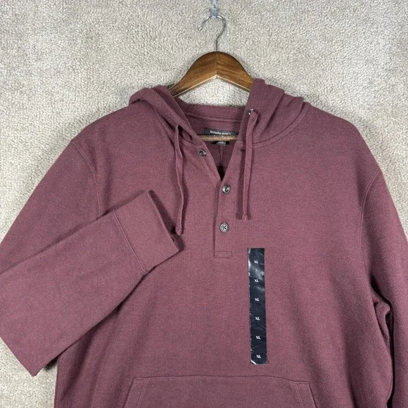 Banana Republic Hoodie Mens XL Red Thermal Henley Pullover Kangaroo Pocket