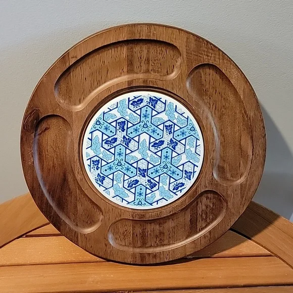 Vintage Gail Craft‎ MCM Wood Blue Porcelain Cheese Charcuterie Board