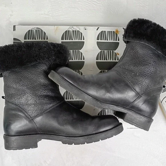 Santana Canada Black Leather Faux Fur Trim‎ Winter Boots Lug Sole Mens 8.5