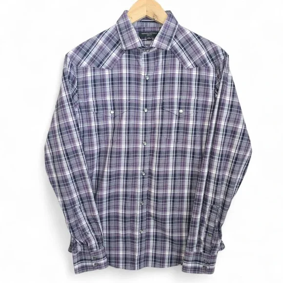 Banana Republic Shirt Mens Small Purple Plaid Pearl Snap Button Slim Fit Stretch