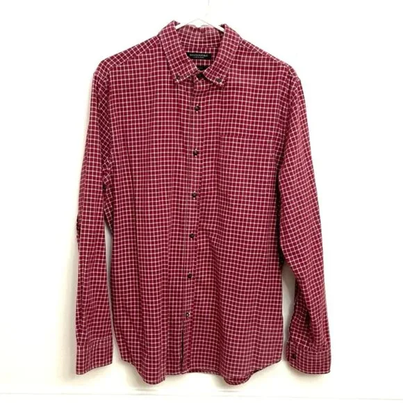 Banana Republic Luxe‎ Flannel Slim Fit Men's Shirt Sz L Burgundy Red Plaid Check