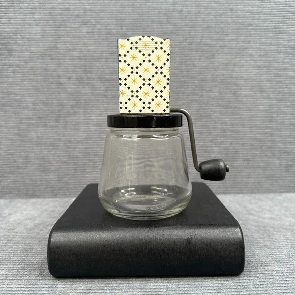 Vintage Androck Nut Meat Chopper Glass Jar Atomic Starburst Pattern Made in USA