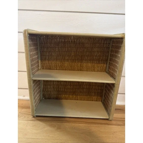 Vintage Woven Rattan Wicker Tan 2 Tier Hanging Wall Shelf Bathroom Cottagecore