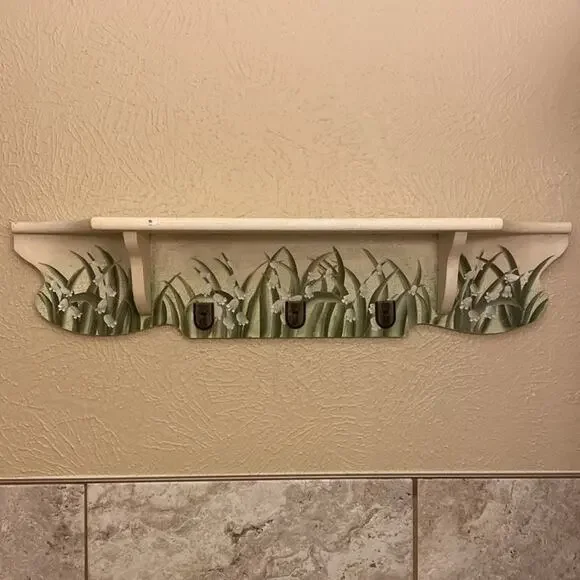 Country chic hand painted floral crackle paint flat shelf with 3‎ hooks