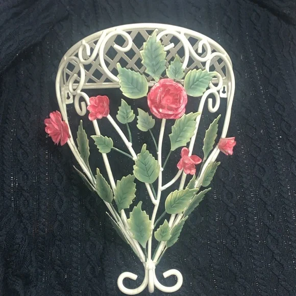 Vintage Shabby Chic Tole Ware Rose Metal Shelf Chippy Texture 13.5 x 16.5 inches