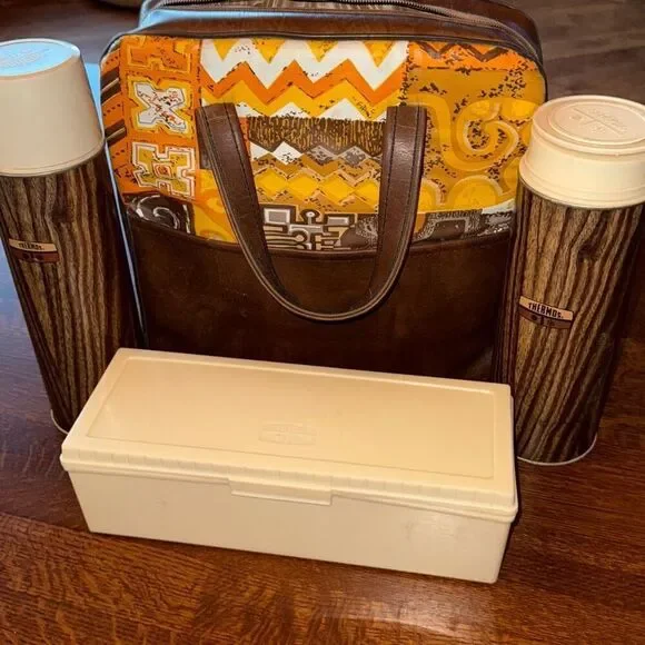 Vintage 50’s 60’s Thermos‎ Set With Original Vinyl Picnic Bag