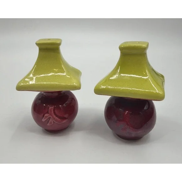 Mid Century Chartreuse/Burgundy's Ceramic Lamp Shaped Salt & Pepper Shakers