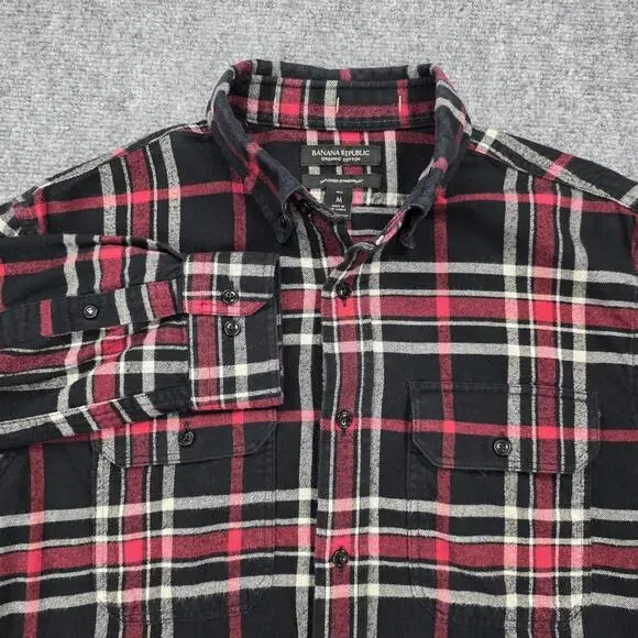 Banana Republic Shirt Mens Tall Medium Black Red Plaid Flannel Organic Untucked