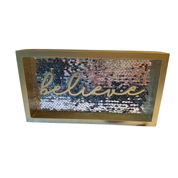 Believe Sequin Sign Shelf Sitter Home Decor Gold Silver