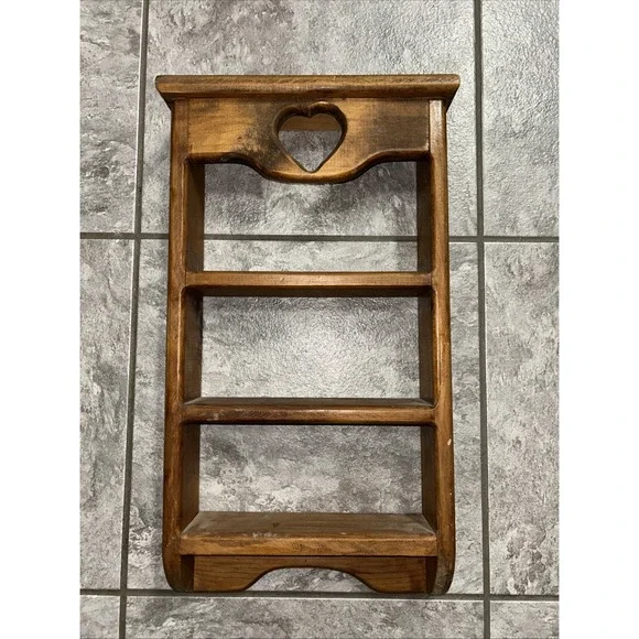 Vintage Wooden Three Tiered Wall Shelf Heart Cutout Handmade Country Decor
