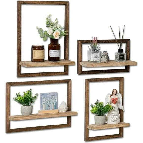 Rustic Wood Floating Wall Shelves Farmhouse Decor Storage Set for Bedroom