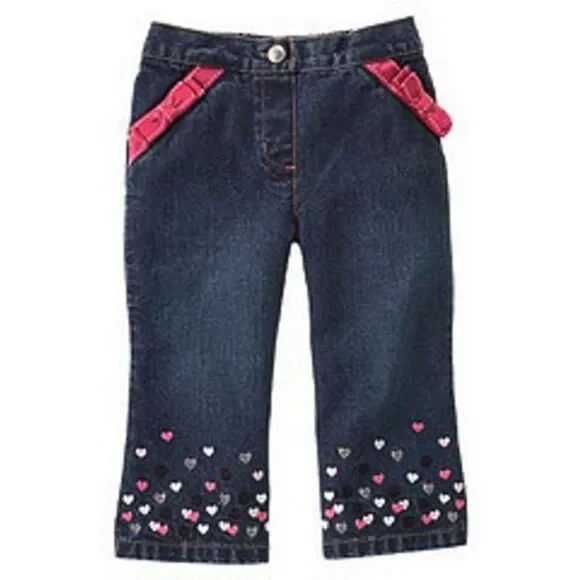 NEW Gymboree Girl 2 2T Tres chic denim heart embroidered pink ribbon jeans pants
