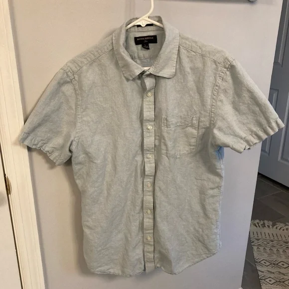 Banana Republic 100% Linen Shirt Men Sz L Blue Button Up Collared Knit slim fit