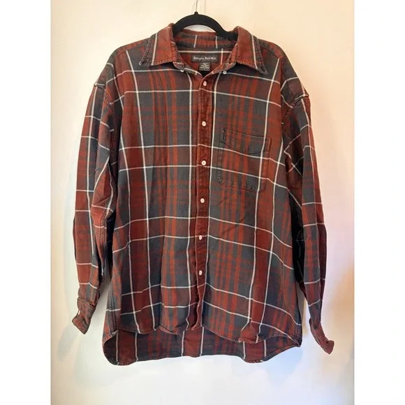 Banana Republic Flannel Shirt Mens Large Red Black Plaid Button Up Cotton Casual