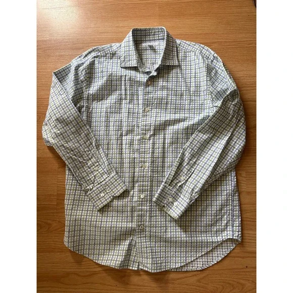 Banana Republic Button Down Shirt Mens L Blue Green Check Cotton Casual‎