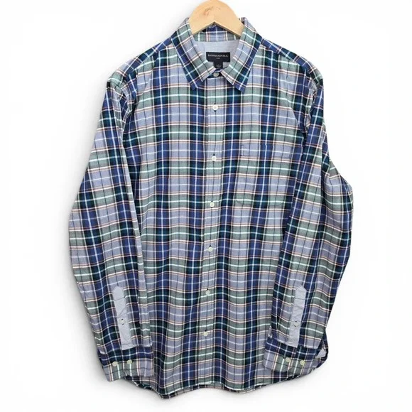 Banana Republic Shirt Mens Large Blue Plaid Button Up Long Sleeve Casual Pocket