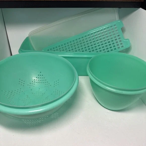 VTG Tupperware Lot 3 Crisp It Bowl‎ 679 Colander 339 Crisper 782 Jadeite Green