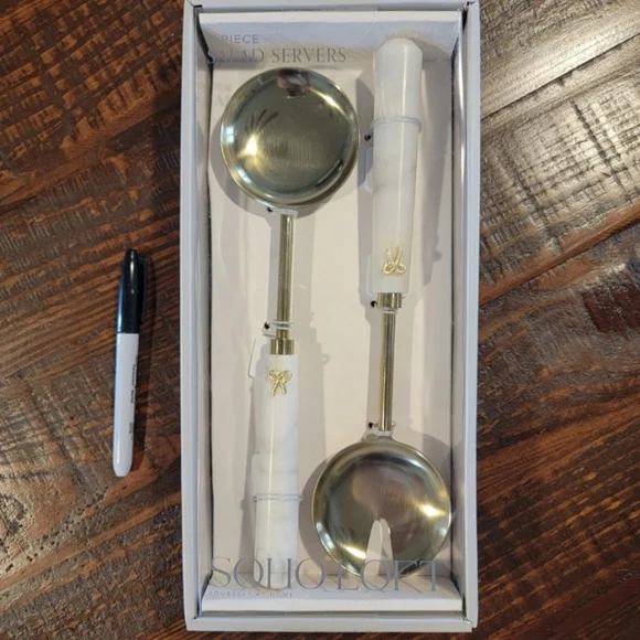 SOHO LOFT 2 PIECE SET GOLD & MARBLE SALAD SERVER SET With‎ Bow Design