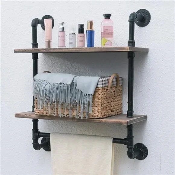Industrial Bathroom Shelves Wall Mounted, 24in Rustic 2 Layer