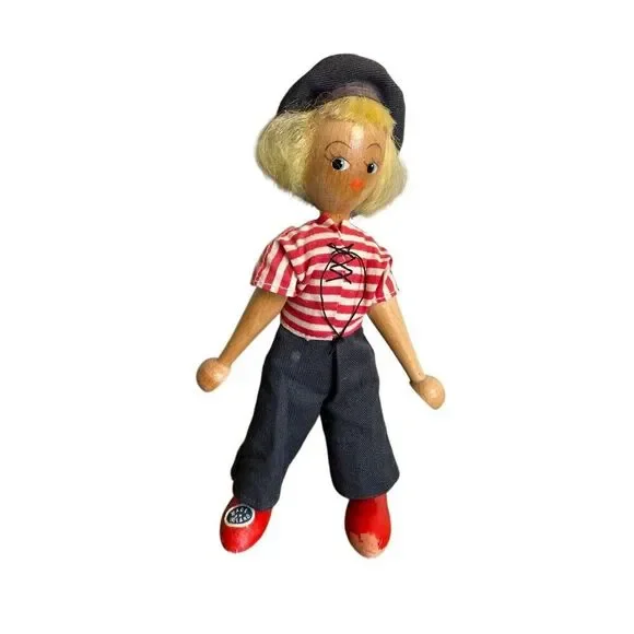 Polish Wooden Peg Doll Vintage 1940-1950’s Sailor Theme 7” tall