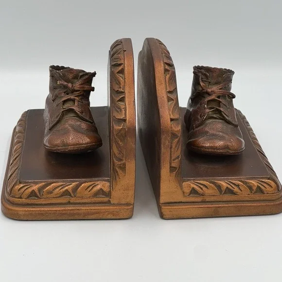 Vintage Copper Colored Bronzed Pair Baby Shoes Bookends Display set of 2