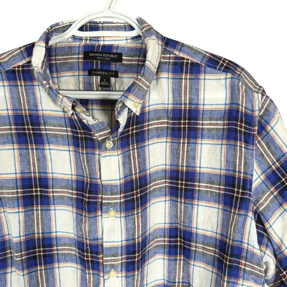 Banana Republic Camden Fit 100% Linen Shirt Button Down Mens L Blue Plaid‎ S/S