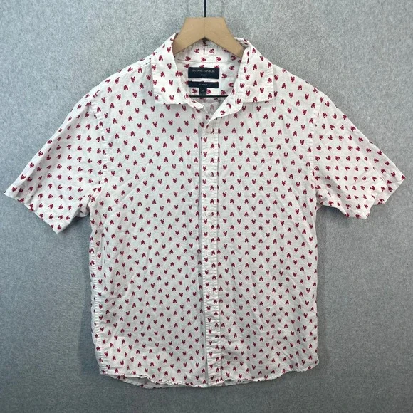 Banana Republic Mens Linen Shirt Slim Fit White Red Lobster Print Short Sleeve M