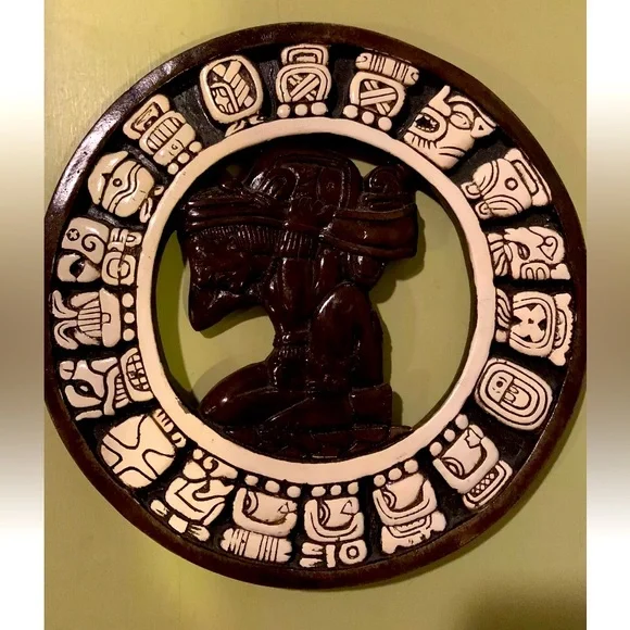 Aztec/Mayan Calendar 10.25” Diameter Glazed Ceramic & Wood Unique