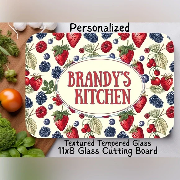 Personalized Berries Glass Cutting Board | Tempered Glass 8x11