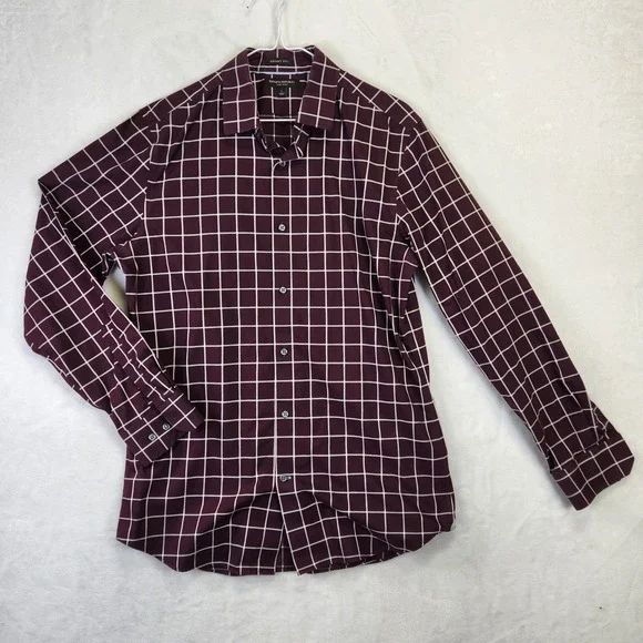 Banana Republic Grant Fit Non Iron Burgundy White Check Button Up Shirt Men's L