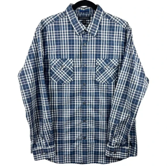 Banana Republic Button Down Shirt Men L Navy Blue Plaid Stretch Long Sleeve 6720