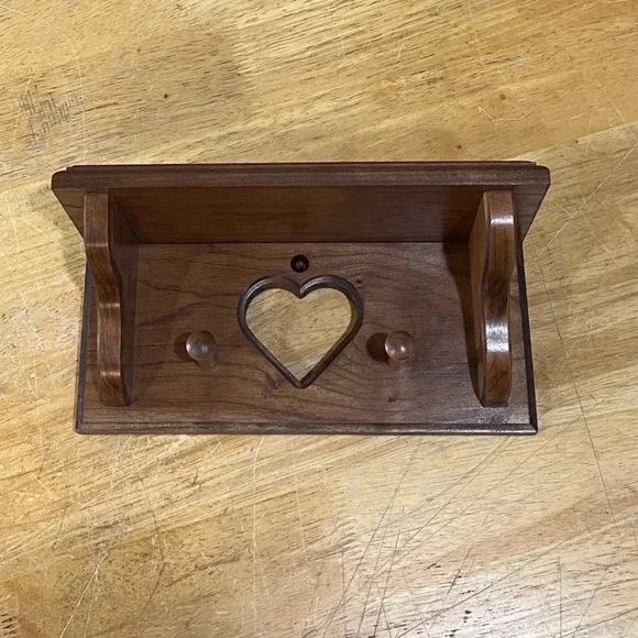 Vtg Farmhouse Wood Wall Shelf Heart Cutout Pegs Brown Rustic Country Decor 12in