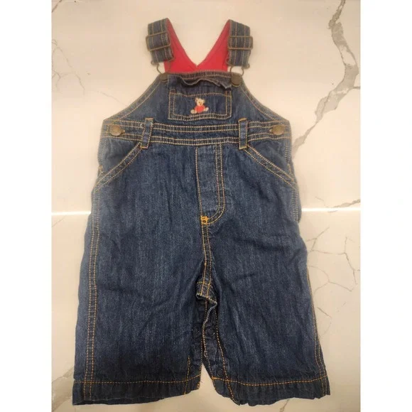 Kitestrings By‎ Hartstrings Blue Denim Overalls Teddy Bear Embroidery 0-3 Months