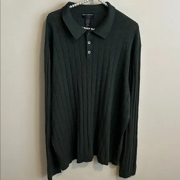 Banana Republic Men’s Luxe Blend Dark Green Long Sleeve Ribbed Polo. Size XXL