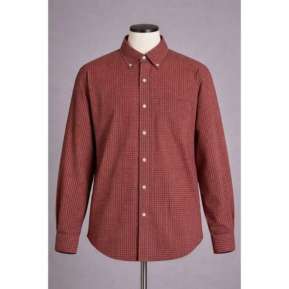 Banana Republic Button Down Shirt Men's Large Burgundy Plaid Long Sleeve Cotton‎