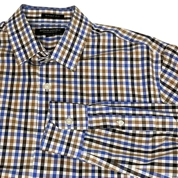Banana Republic Supima Cotton Sport Shirt Men’s M Blue Brown Plaid