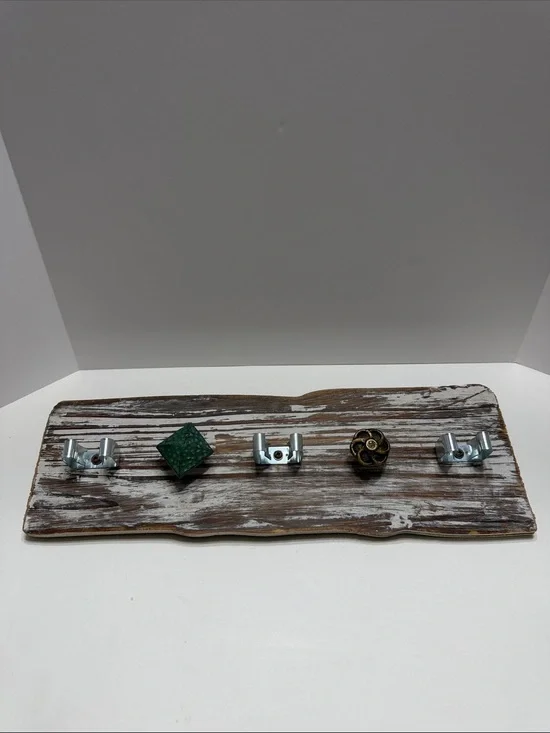 Hobby Lobby Whitewashed Wood Hook Rack with Green and Gold Accents