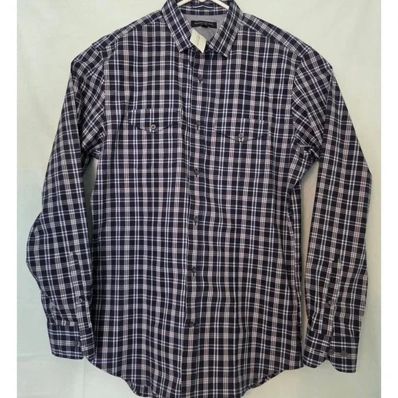 Banana Republic Slim Fit Mens‎ Large Navy Blue White Plaid Button Down Shirt L