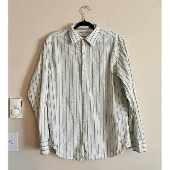 Banana Republic Button Up Shirt Mens Large Green Stripe Office Business Casual